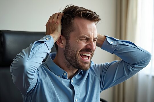 Man grimacing in office chair due to back pain caused by poor posture.