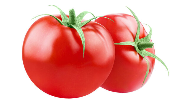 Two delicious fresh tomatoes with green stems, isolated on transparent cutout background