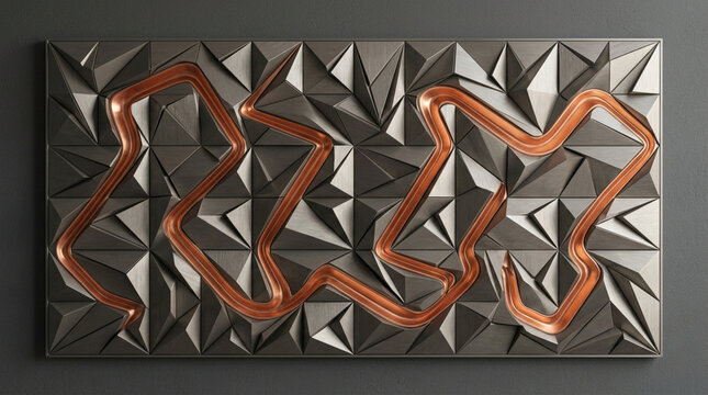 Abstract geometric metal relief with copper pipe pattern, modern textured background