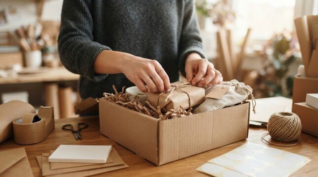 small business first online order packing Person wrapping a gift in a cardboard box on a wooden table