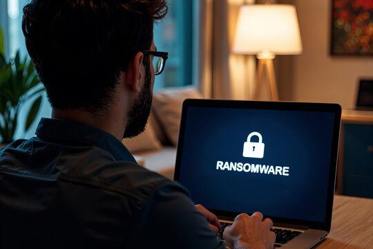 Man gazes at laptop screen showing ransomware alert, signifying cyber security breach.