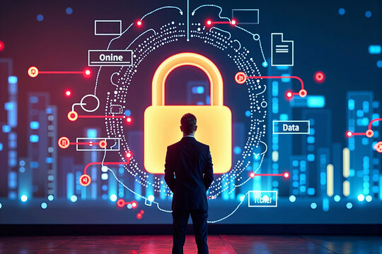 Protecting Personal Data and Online Privacy: Symbolized by a Person Standing in Front of a Large Banner with a Lock Overlay
