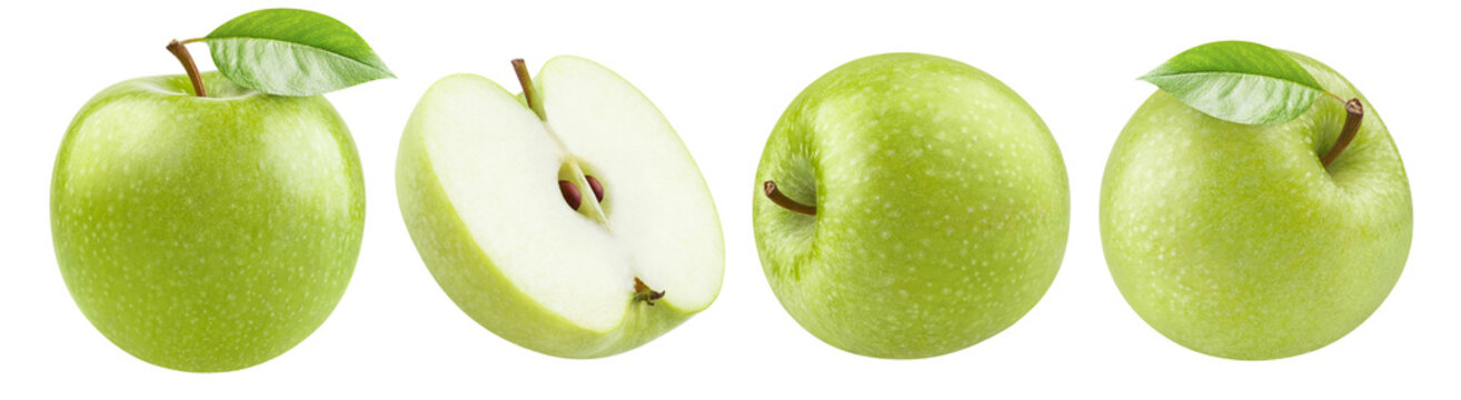 Set of ripe green apples, whole and halved, isolated on transparent cutout background