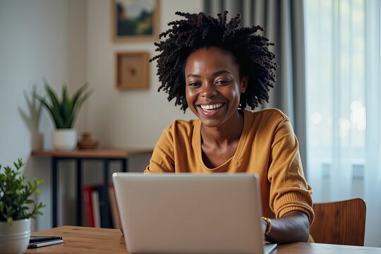 African American female attending an e-learning webinar on her laptop