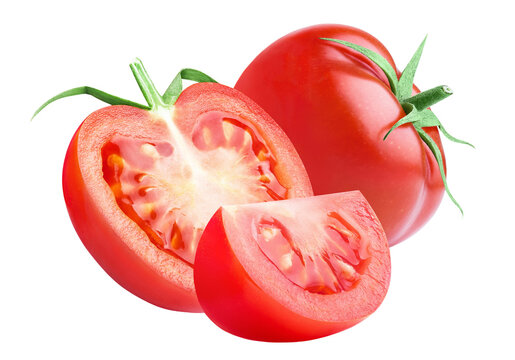 Ripe red tomato with half and juicy cut piece, isolated on transparent cutout background