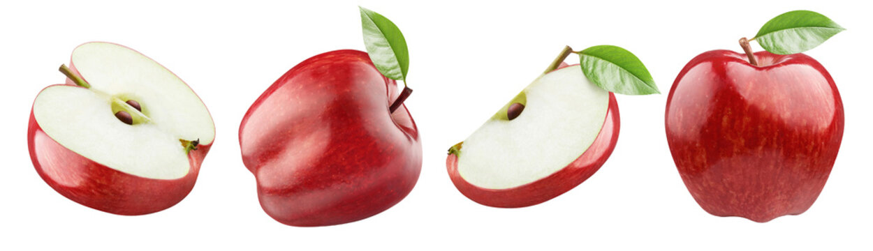 Set of ripe red apples, whole and halved, isolated on transparent cutout background