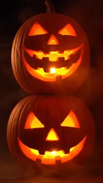 Scary pumpkins glow with warm light and display carved faces on their surfaces