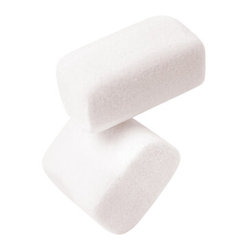 Two soft white marshmallow candies floating in air, isolated on transparent cutout background