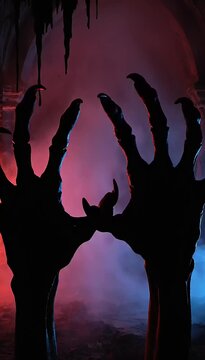 Shadow of a scary hand emerges and moves against a dark backdrop with mist and colored lighting