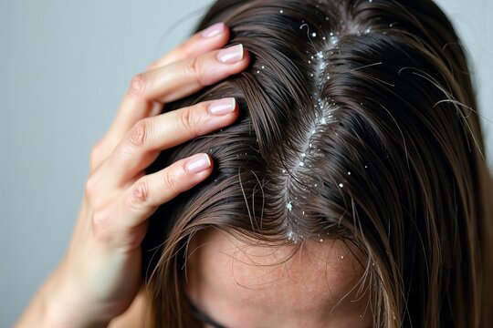 Close-Up of Person with Long Hair Scratching Dry, Itchy Scalp with Visible Dandruff