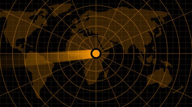 Military radar screen animation with rotating sweep tracking a plane and two approaching UAP targets. An air traffic control tower equipped with radar. High-tech radar scanner for flight coordinates.