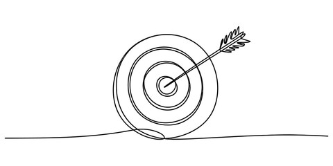 Continuous single line drawing of an arrow hitting the center of a target bullseye representing business success goal achievement and hitting the mark isolated on transparent background © Vector Line King