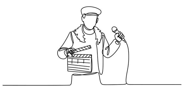 Continuous single line drawing of a film director holding a clapperboard and a microphone for movie production and filmmaking industry concept isolated on transparent background