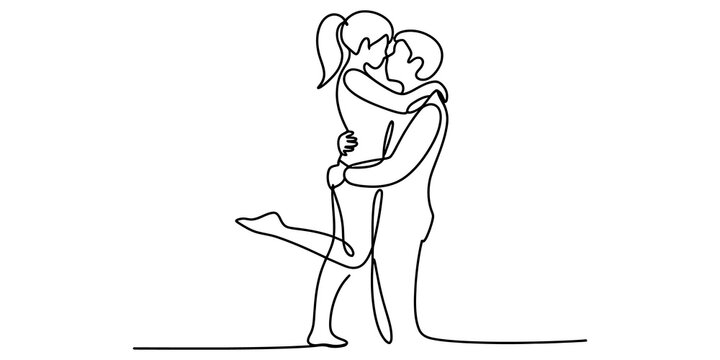 Continuous single line drawing of a loving couple hugging and kissing romantically isolated on transparent background