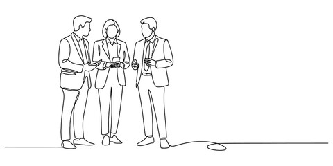 Three business people standing together and talking in a professional office meeting setting as a simple black and white line art drawing illustration isolated on transparent background © Alfarca Drim 