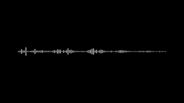 Minimalist white sound wave spectrum animation, 4k audio waveform equalizer signal, abstract voice record digital meter display, smooth music frequency motion on black background.