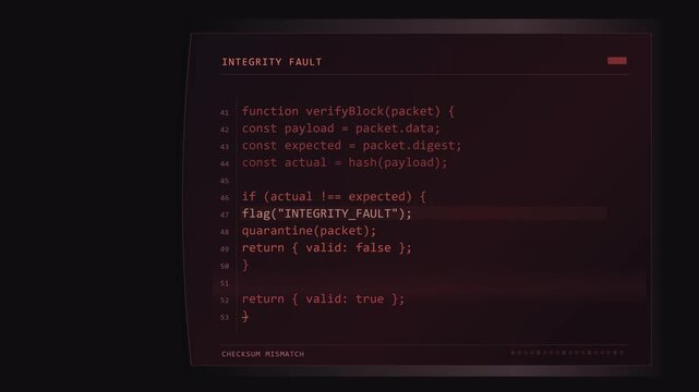 Red Programming Code with Glitch Distortion and Data Integrity Fault on Computer Screen, Seamless 4K Loop