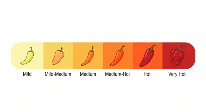 Chili pepper heat scale infographic, mild to extra hot, six chilies