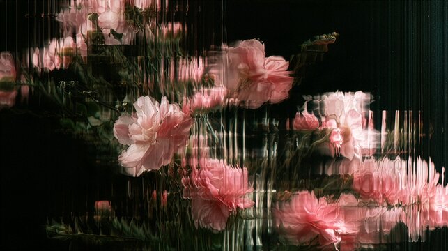 Pink flowers behind distorted glitch glass on black background