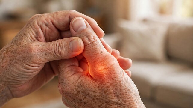 Thumb pain concept, closeup hand holding swollen sore thumb with red glowing highlight, thumb arthritis joint inflammation injury sprain strain tendonitis, medical healthcare