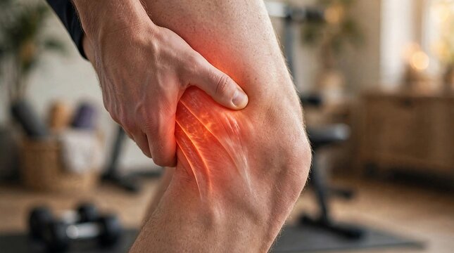 Hamstring pain concept, hand gripping back of sore thigh with red glowing highlight, pulled hamstring muscle strain tear cramp, sports running injury, medical healthcare closeup