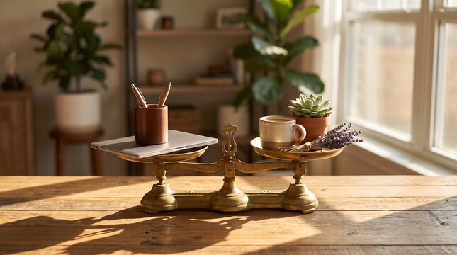 Brass balance scale weighing a laptop and pen holder against coffee cup succulent and lavender on sunny wooden table