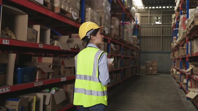 Young Asian woman warehouse worker in uniform with a yellow safety helmet, holding and using a digital tablet, walking and checking inventory on shelves in a logistics distribution factory center. 