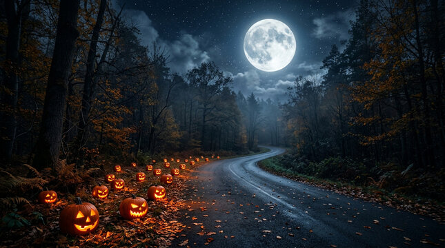 Spooky Halloween night forest road lined with glowing jack-o&rsquo;-lanterns under full moon, autumn leaves, misty atmosphere, cinematic Halloween landscape