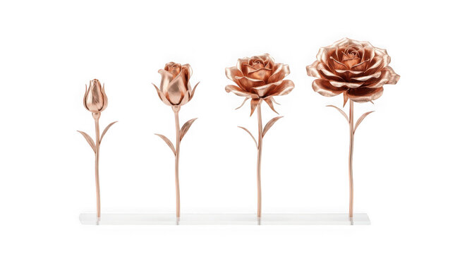 Four metallic copper roses in different stages of blooming on a clear acrylic stand isolated on transparent background