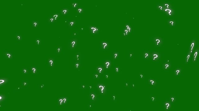 Question mark symbol reveal animation with glowing particles effect, 4k seamless loop overlay on green background for quiz, FAQ section, educational video, motion graphics visual vfx animation.