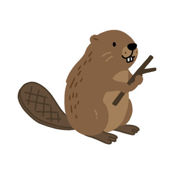 Cute cartoon beaver holding a wooden stick, minimalist woodland animal vector illustration