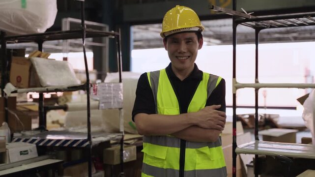 Portrait of happy Asian man warehouse worker in uniform and wearing yellow safety helmet, standing, smiling, and arms crossed while looking at camera in a logistics distribution factory. 