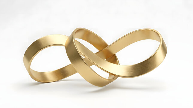 Intertwined double gold mobius strip loops isolated on white background with sculpture intertwined infinity