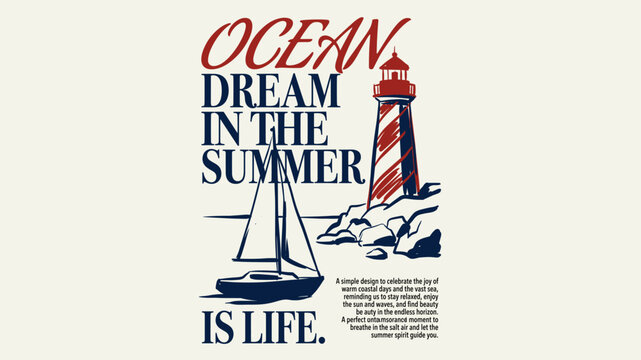 Vintage Nautical Summer Illustration with Lighthouse and Sailboat for T-Shirt Design