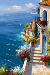 Fototapeta premium Mediterranean village houses with terracotta roofs, potted flowers, and balconies lining a winding path along the deep blue coastline