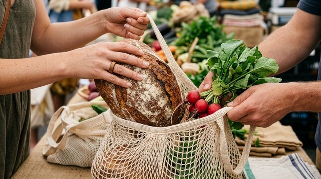 Zbliżenie na dłonie delikatnie wkładające świeży, rzemieślniczy chleb i ekologiczne rzodkiewki do bawełnianej torby siatkowej wielokrotnego użytku. Ekologiczny styl życia, koncepcja zero waste