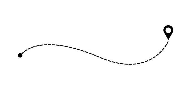 Animated dashed route line leading to map pin location on white background.black navigation path with arrow and destination marker. Minimal travel and map concept. GPS and logistics icon design.