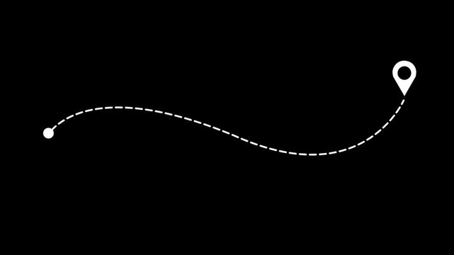 Animated dashed route line leading to map pin location on black background. White navigation path with arrow and destination marker. Minimal travel and map concept. GPS and logistics icon design.