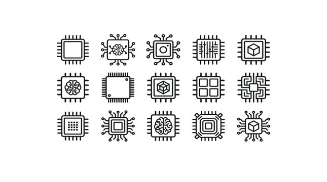 Microprocessor chip icons set vector illustration featuring black outline style computer hardware and electronics symbols collection