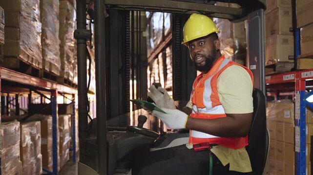 Professional African American male driver in uniform, wearing safety helmet, sits in forklift truck holding clipboard checklist for delivery from shelves in logistics distribution warehouse factory. 