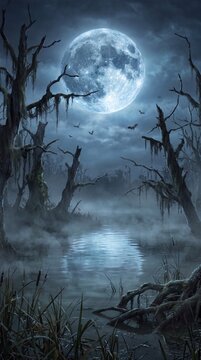 Eerie moonlit swamp at night, spooky dead trees with Spanish moss in misty marsh, dark gothic landscape with full moon and bats.