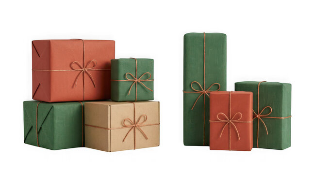A collection of various gift boxes wrapped in colored paper with twine, isolated on transparent background