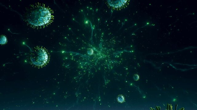 Microscopic floating particles and glowing spherical forms move through dark fluid environment with luminous trails, creating abstract biological motion pattern with green and blue tones