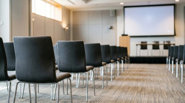 Modern conference hall featuring rows of empty gray auditorium chairs facing a keynote stage with a large projection screen, offering professional space for corporate presentations and events