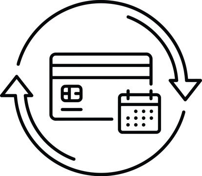 Recurring payment line icon with credit card, calendar and circular arrows symbolizing subscription billing, automatic monthly payment, installment plan and scheduled auto renewal