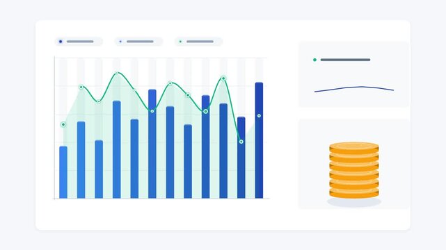 Animated financial dashboard with dynamic bar charts, line graphs, and coin stack icons representing business growth, data analytics, and investment success