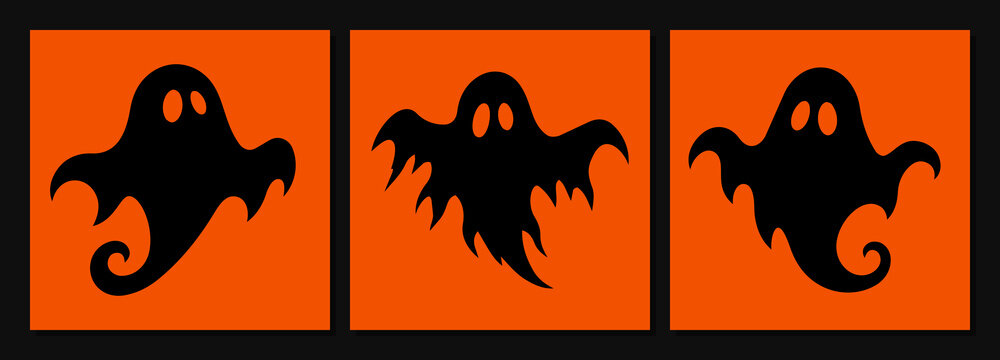 Halloween Ghost Silhouette Triptych on Orange Background, Spooky Black Phantom Poster Set