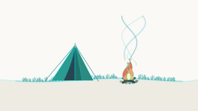 Animated camping tent and campfire scene with rising smoke in minimalist style for outdoor adventure and travel motion