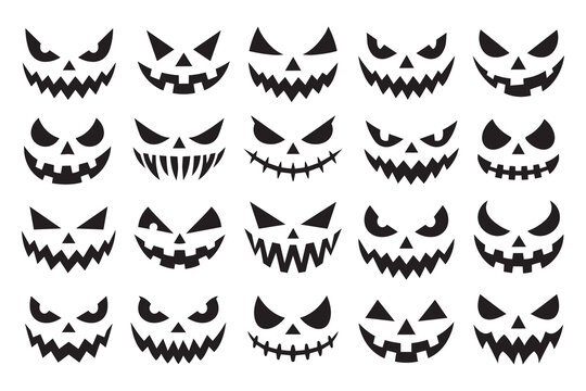 Halloween Jack O Lantern Face Silhouette Set, 20 Scary Pumpkin Expressions and Spooky Carving Designs. Halloween Icon set.