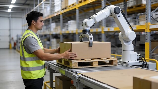Warehouse worker in high visibility vest guiding collaborative robot arm lifting cardboard box onto pallet